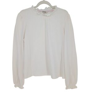 Boden Ruffle Neck Blouse 12 Ivory Cotton Long Sleeve Eyelet Trim Coquette Boho
